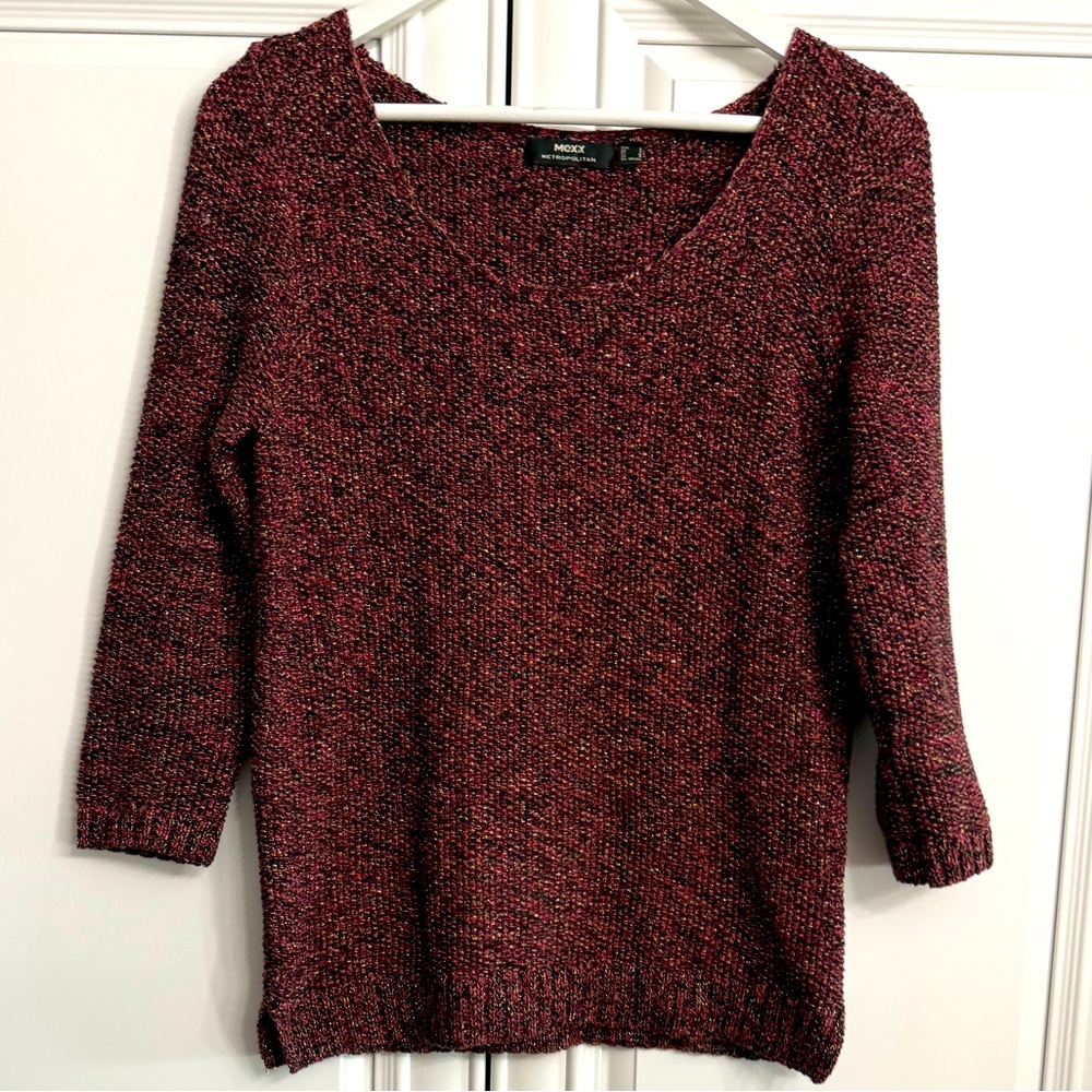 Mexx Metropolitan Size Small Scoop Neck 3/4 Sleeves Burgundy/Gold Woven Sweater